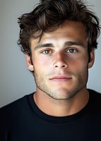 Close-up portrait of young Caucasian man with brown eyes, dark curly hair, and light stubble wearing black t-shirt against neutral background. Suitable for lifestyle advertising.