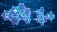 Digital healthcare technology concept with glowing hexagonal medical icons on blue background for telemedicine and health innovation applications.