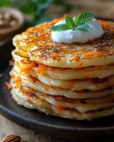 Stack of golden carrot pancakes garnished with sour cream and fresh mint leaf on rustic ceramic plate, close-up view showing delicate layers and crispy edges.