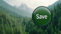 Green save button on blurred mountain forest background, environmental conservation concept for websites, apps and eco-friendly marketing materials.
