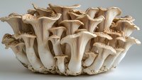 Fresh organic oyster mushrooms cluster growing together on light background, macro food photography showing detailed texture and natural patterns.
