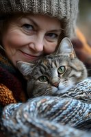 Senior woman in winter knit hat and scarf cuddling with gray tabby cat. Close-up portrait showing warm emotional bond between pet owner and feline companion.