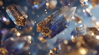 Crystal quartz formations with gold inclusions floating against blurred bokeh background, creating luxurious gemstone atmosphere for jewelry design.