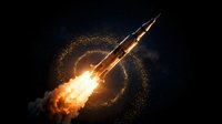 Powerful rocket launch with bright orange flames and glowing particle trail against dark starry space background for aerospace and exploration projects.