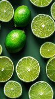 Fresh whole and sliced limes arranged on dark green background showing juicy pulp and textured skin, suitable for food and beverage marketing.