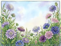 Watercolor wildflower border with purple, blue, and pink blooms on soft sky background, framing copy space for greeting cards or prints.