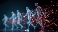 Digital wireframe figures walking in sequence with glowing network connections and particles, representing technological advancement and artificial intelligence on dark background.