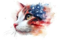 Patriotic cat with American flag watercolor effect blending red, white, and blue hues across feline face. Isolated on transparent background, ready for design projects.