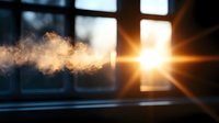 Dramatic sunburst through window with ethereal smoke or steam creating atmospheric morning ambiance, backlit by golden sunlight in moody interior setting.