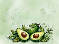 Sliced avocado halves with pit and green leaves on watercolor splatter background, suitable for healthy food, nutrition, and culinary design projects.