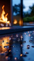 Raindrops on wet surface with blurred fireplace and evening window view, creating atmospheric contrast between water and warm flames for relaxation and ambiance concepts.