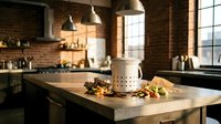 Modern industrial kitchen interior with wooden island, pendant lights, exposed brick walls, and gourmet ingredients for cooking preparation.