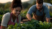Young African American woman and Caucasian man harvesting fresh lettuce together in organic garden during golden hour sunset for sustainable farming lifestyle.