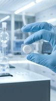 Scientist in blue latex gloves holding a placebo pill in modern laboratory setting with blurred equipment and bright lighting in background.