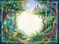 Enchanted forest frame with fairy tale castle, magical trees and flowers creating whimsical border for fantasy storytelling and children's book design.