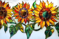 Vibrant stained glass sunflowers with green leaves on white background, artistic home decor element perfect for window decoration or interior design projects.