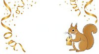 Golden confetti ribbons frame a cheerful brown squirrel holding a gift bag on white background, isolated for celebration designs and greeting cards.