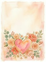 Watercolor floral heart card with roses and berries in soft peach and pink tones, gold outline, copy space for Valentine or wedding.