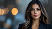 Young woman with long brown hair wearing black blazer against blurred city lights background, conveying confidence and professionalism.