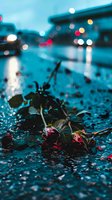 Wilted red roses lying on wet asphalt at dusk with blurred city lights and bokeh in background, conveying loss, heartbreak, and melancholy emotions for editorial and creative projects.