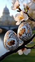 Decorated Easter eggs with golden floral patterns on blooming cherry tree branch against blurred church dome background, spring holiday celebration scene.