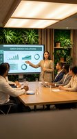 Professional businesswoman presenting green energy solutions data to diverse team in modern sustainable office with living wall plants.