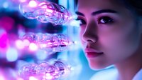 Young Asian woman's face illuminated by vibrant neon lights with glowing glass bulbs creating dreamy bokeh effect in pink and blue tones, side profile portrait in modern nightlife setting.