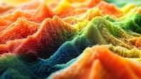Colorful abstract mountain landscape with vibrant gradient from orange to green and blue, featuring digital terrain visualization with dynamic wave patterns.