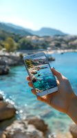 Hand holding smartphone capturing Mediterranean coastal view with turquoise waters, rocky shore and hillside village, blurred natural background creates depth.