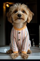 Adorable tan and white small dog breed wearing striped pajamas and gold collar, sitting indoors with warm lighting in background for pet fashion and lifestyle content.
