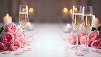 Romantic champagne glasses with pink roses and candles creating elegant atmosphere for celebration, wedding, anniversary or Valentine's Day dinner setting.