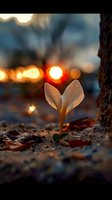 Small green plant seedling emerging from urban pavement at sunset with warm bokeh lights creating hopeful atmosphere for environmental concepts.