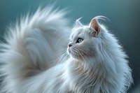 Majestic white Persian cat with long silky fur and blue eyes in profile view against blurred teal background, showcasing elegant feline beauty and grace.