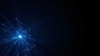 Digital network explosion with glowing blue light rays and connected nodes on dark background for technology and data visualization concepts.