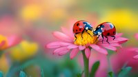 Two red ladybugs meet on pink daisy petal against soft blurred garden background, creating romantic spring nature macro composition.