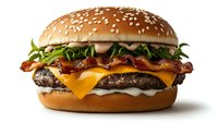 Juicy cheeseburger with melted cheddar, crispy bacon strips, fresh arugula, and mayo sauce on sesame seed bun, isolated on white background for menu and advertising.