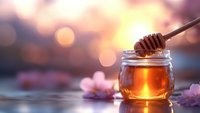 Golden honey dripping from wooden dipper into glass jar with pink cherry blossoms and soft bokeh background, natural organic sweetener in morning light.