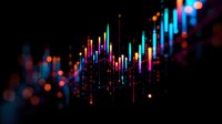 Colorful digital waveform visualization with glowing vertical bars against dark background, representing audio spectrum or financial data analysis.