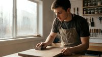 Male craftsman in apron sanding wooden plank at workbench near window in workshop studio. Woodworking, carpentry, DIY project.