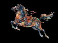 Ornate galloping horse with decorative saddle and flowing mane, isolated on transparent background, ready for t-shirt design, stickers, print on demand, and sublimation.