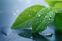 Fresh green leaves with morning dew drops on dark reflective surface. Natural macro photography showing water droplets and leaf texture in soft light.