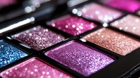 Macro shot of glittery eyeshadow palette featuring vibrant purple, pink, blue and rose gold shimmering pigments in black compact, showing luxurious makeup texture.