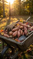 Fresh sweet potatoes harvest in rustic wooden wheelbarrow with gardening gloves and tools during golden hour autumn sunset for seasonal cooking and farming.