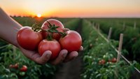 Fresh ripe tomatoes in farmer hands at sunset over organic vegetable garden rows. Agricultural harvest concept for healthy eating and farm produce.