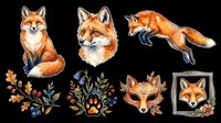 Watercolor fox clipart set with sitting, jumping fox, portrait, mask, paw print, and floral elements, isolated on transparent background, ready for stickers, t-shirts, print on demand.
