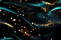 Abstract luxury background with flowing turquoise waves and golden glitter sparkles on black. Elegant design for premium packaging and festive decorations.