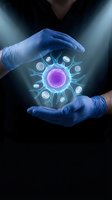 Medical professional in blue gloves protecting glowing virus cell with purple core and molecular structure for healthcare and microbiology research concepts.