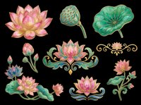 Ornate lotus flower clipart set with gold details, pink blooms, green leaves, and decorative elements, isolated on transparent background for stickers, sublimation, t-shirt design.