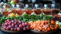Row of rose wine glasses on wooden board with fresh grapes, smoked salmon, cherry tomatoes and green salad leaves arranged for wine tasting or party gathering.