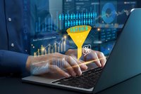 Business professional analyzing data conversion funnel on laptop with holographic analytics dashboard and growth charts in modern office environment.